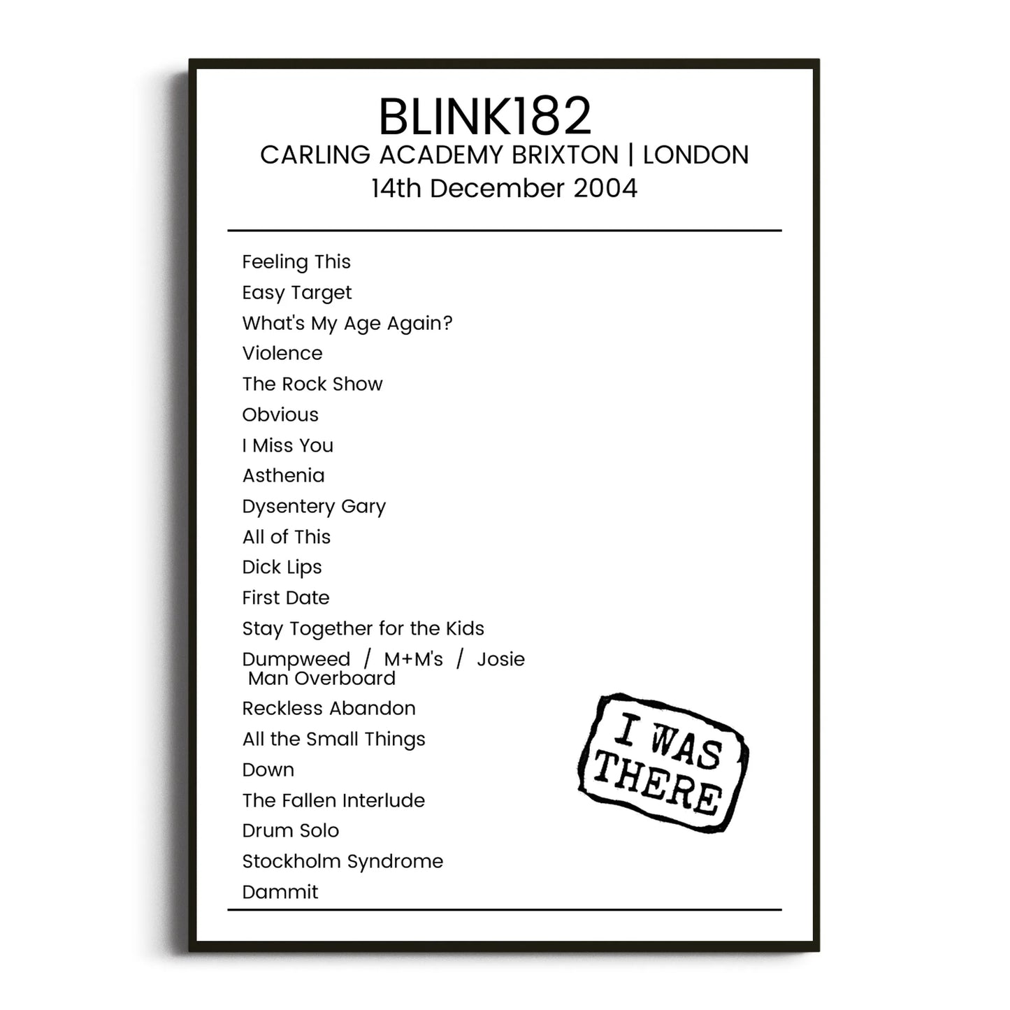 blink‐182 London 14 December 2004 Setlist Poster