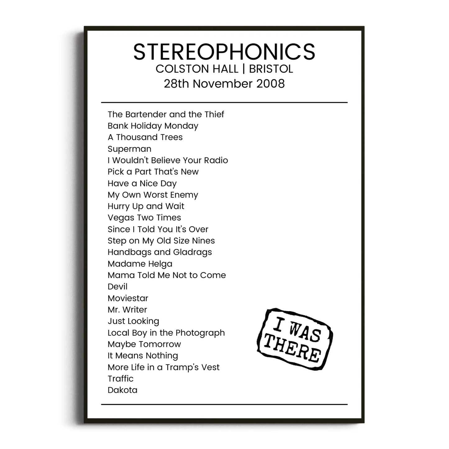 Stereophonics Bristol 28 November 2008 Setlist Poster