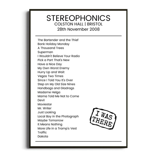 Stereophonics Bristol 28 November 2008 Setlist Poster