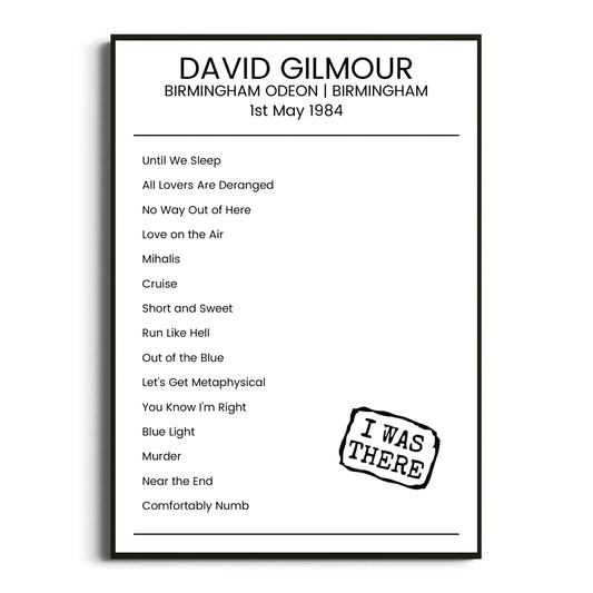 David Gilmour Birmingham 01 May 1984 Setlist Poster