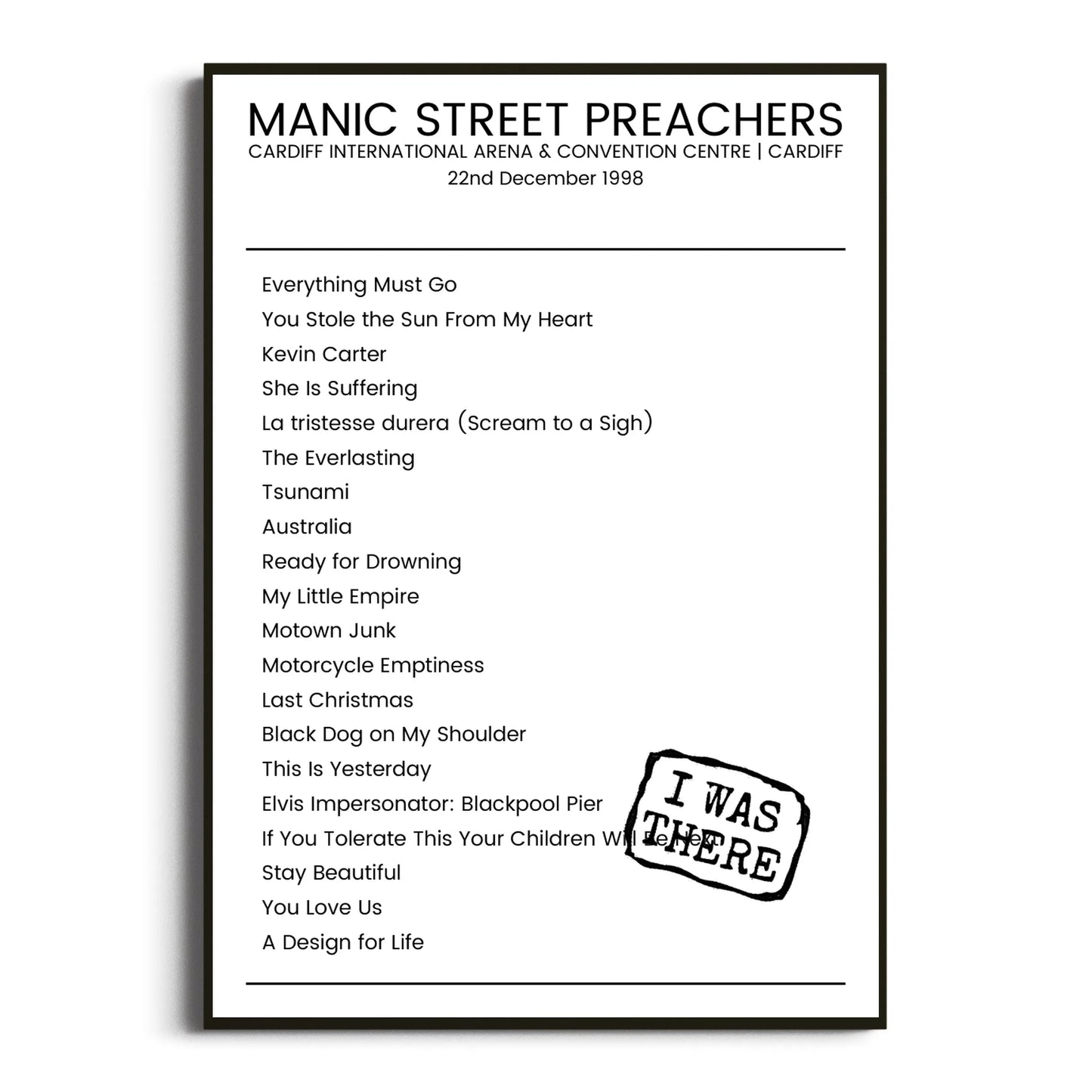 Manic Street Preachers Cardiff 22 December 1998 Setlist Poster