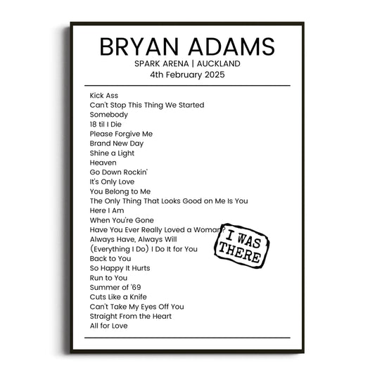 Bryan Adams Auckland 04 February 2025 Setlist Poster