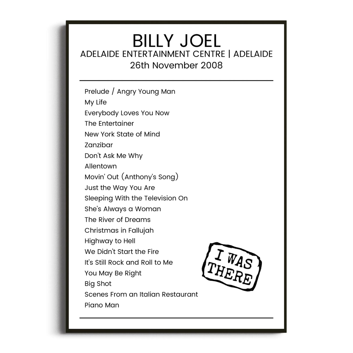 Billy Joel Adelaide 26 November 2008 Setlist Poster