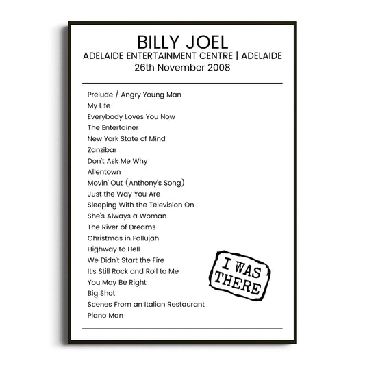 Billy Joel Adelaide 26 November 2008 Setlist Poster