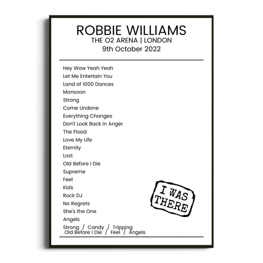 Robbie Williams London 09 October 2022 Setlist Poster