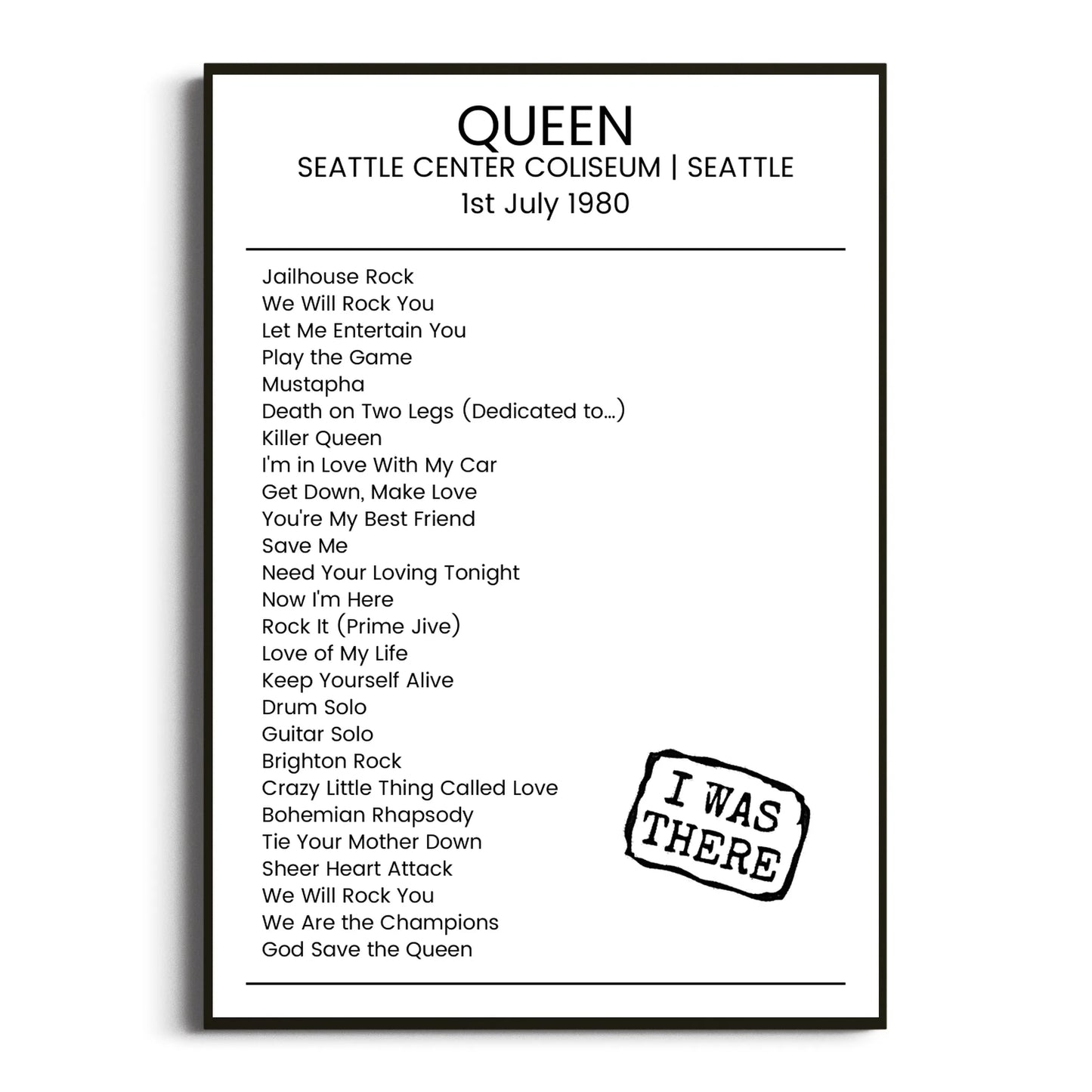 Queen Seattle 01 July 1980 Setlist Poster