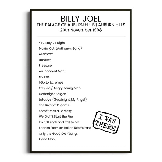 Billy Joel Auburn Hills 20 November 1998 Setlist Poster