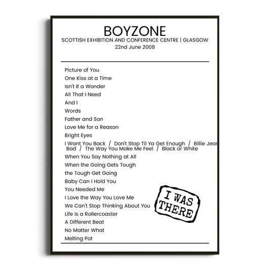 Boyzone Glasgow 22 June 2008 Setlist Poster