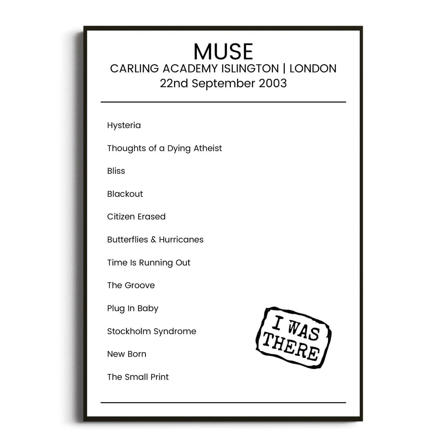 Muse London 22 September 2003 Setlist Poster