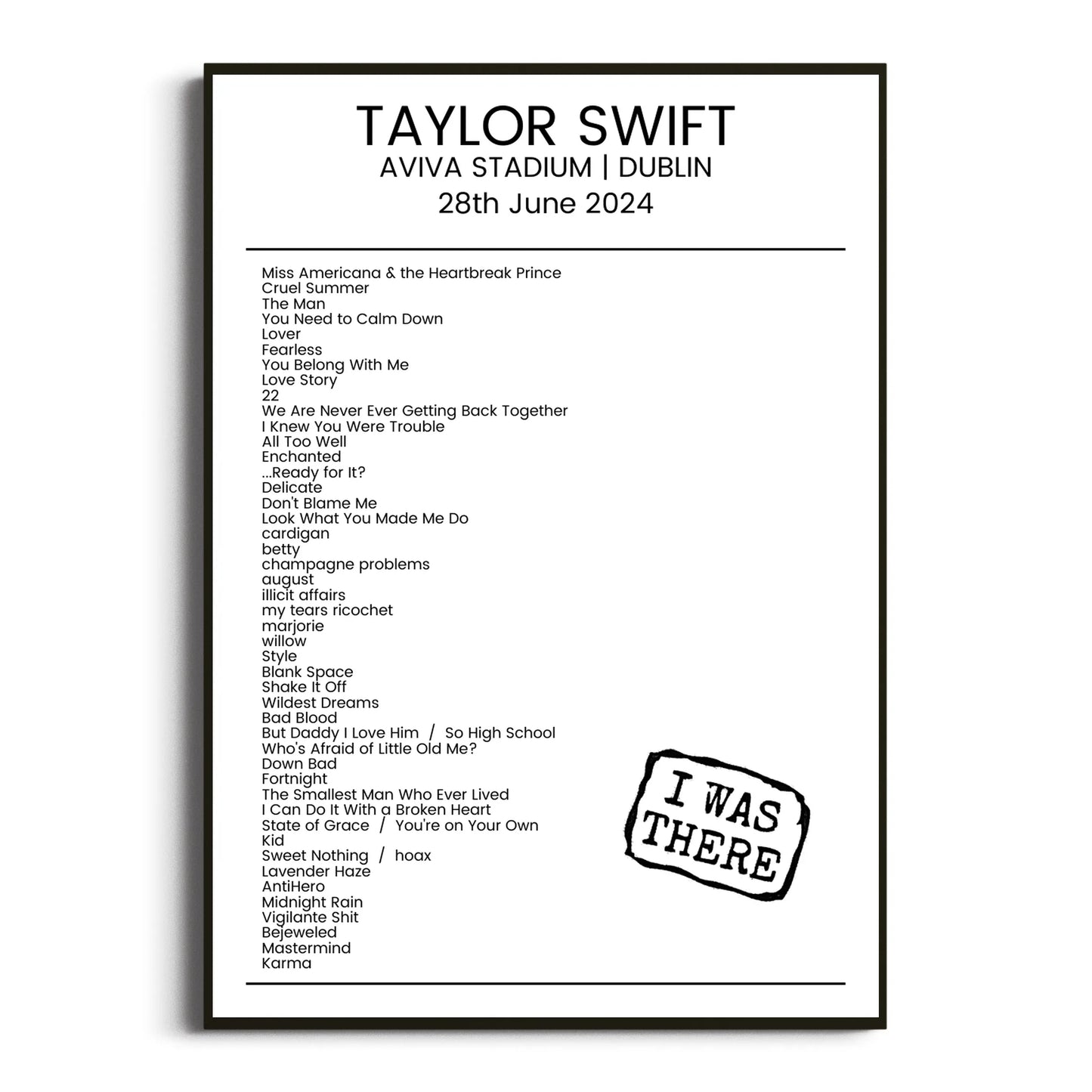 Taylor Swift Dublin 28 June 2024 Setlist Poster