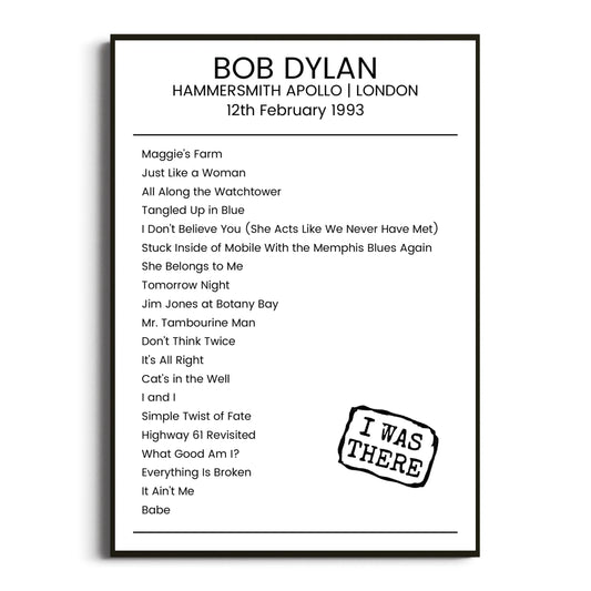 Bob Dylan London 12 February 1993 Setlist Poster