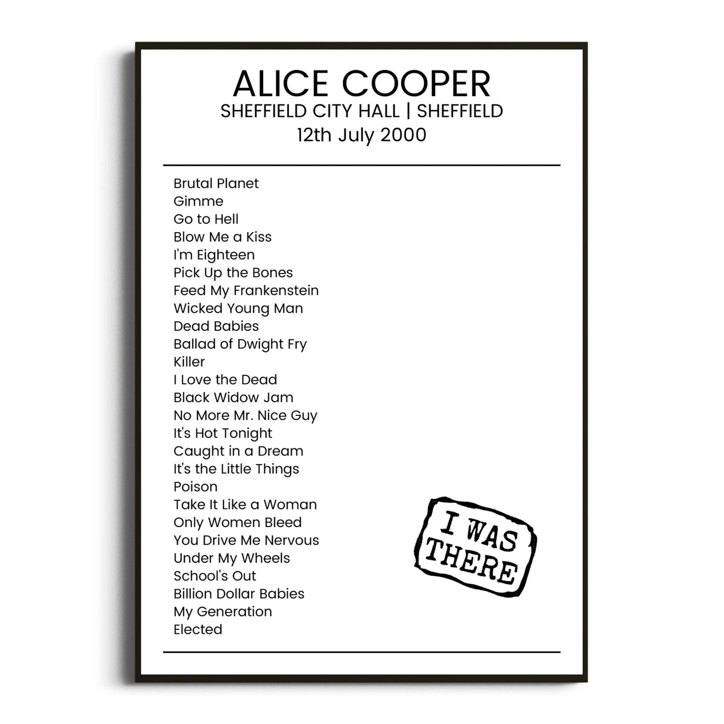 Alice Cooper Sheffield 12 July 2000 Setlist Poster