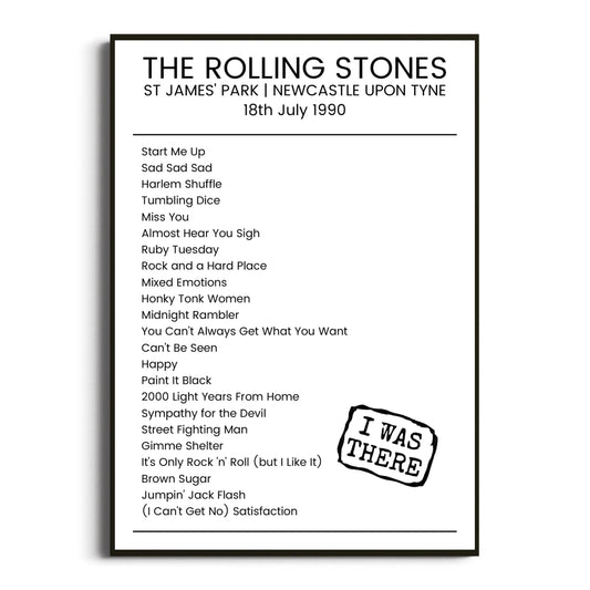 The Rolling Stones Newcastle upon Tyne 18 July 1990 Setlist Poster