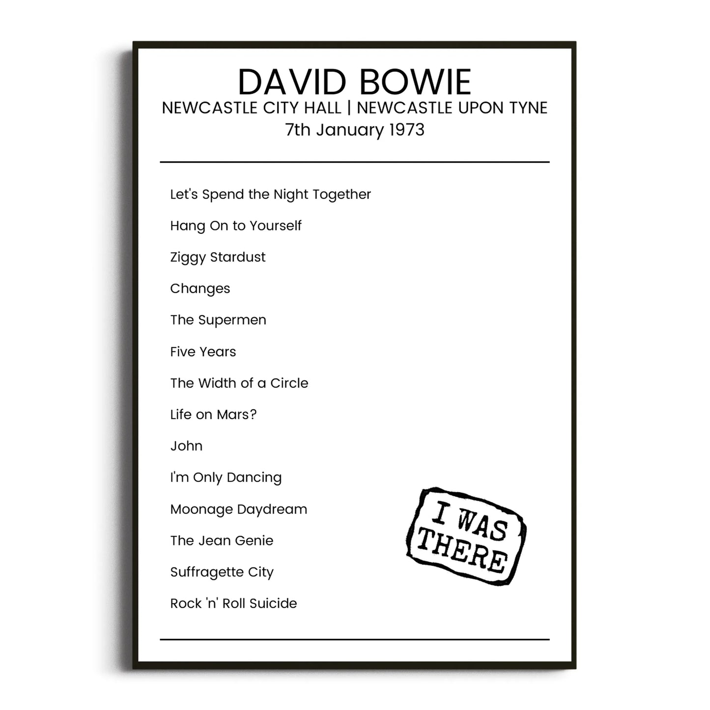 David Bowie Newcastle upon Tyne 07 January 1973 Setlist Poster