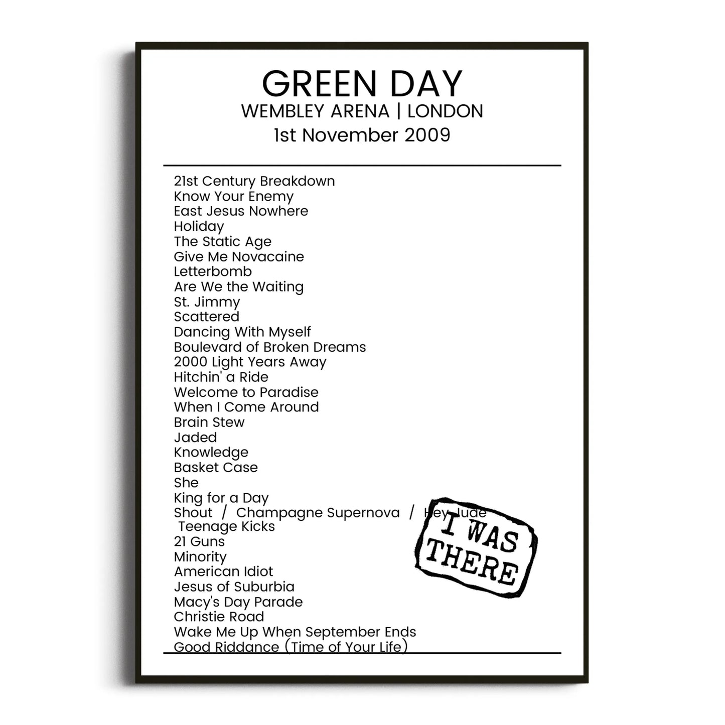 Green Day London 01 November 2009 Setlist Poster