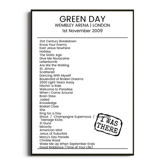 Green Day London 01 November 2009 Setlist Poster