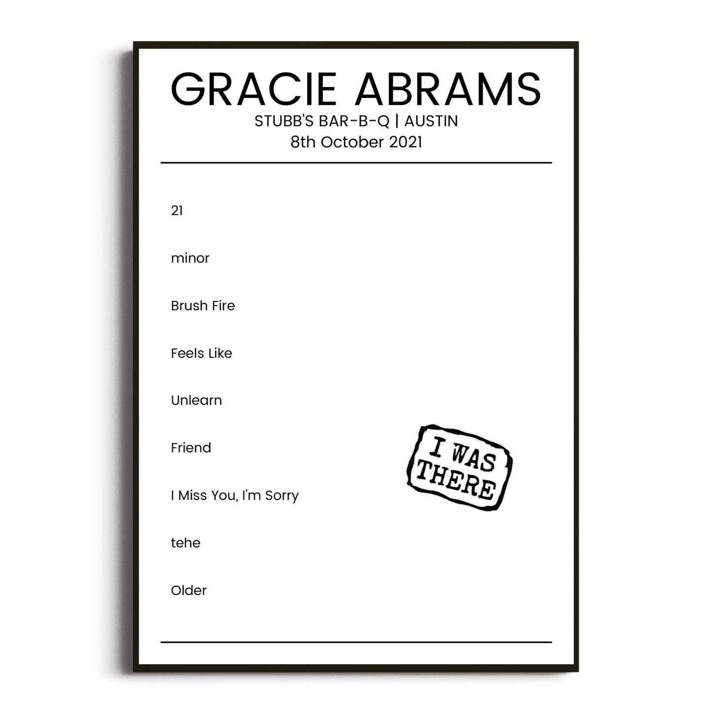 Gracie Abrams Austin 08 October 2021 Setlist Poster