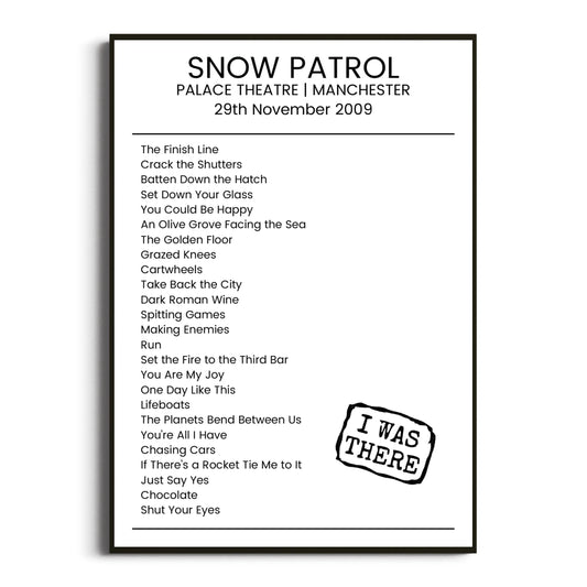 Snow Patrol Manchester 29 November 2009 Setlist Poster