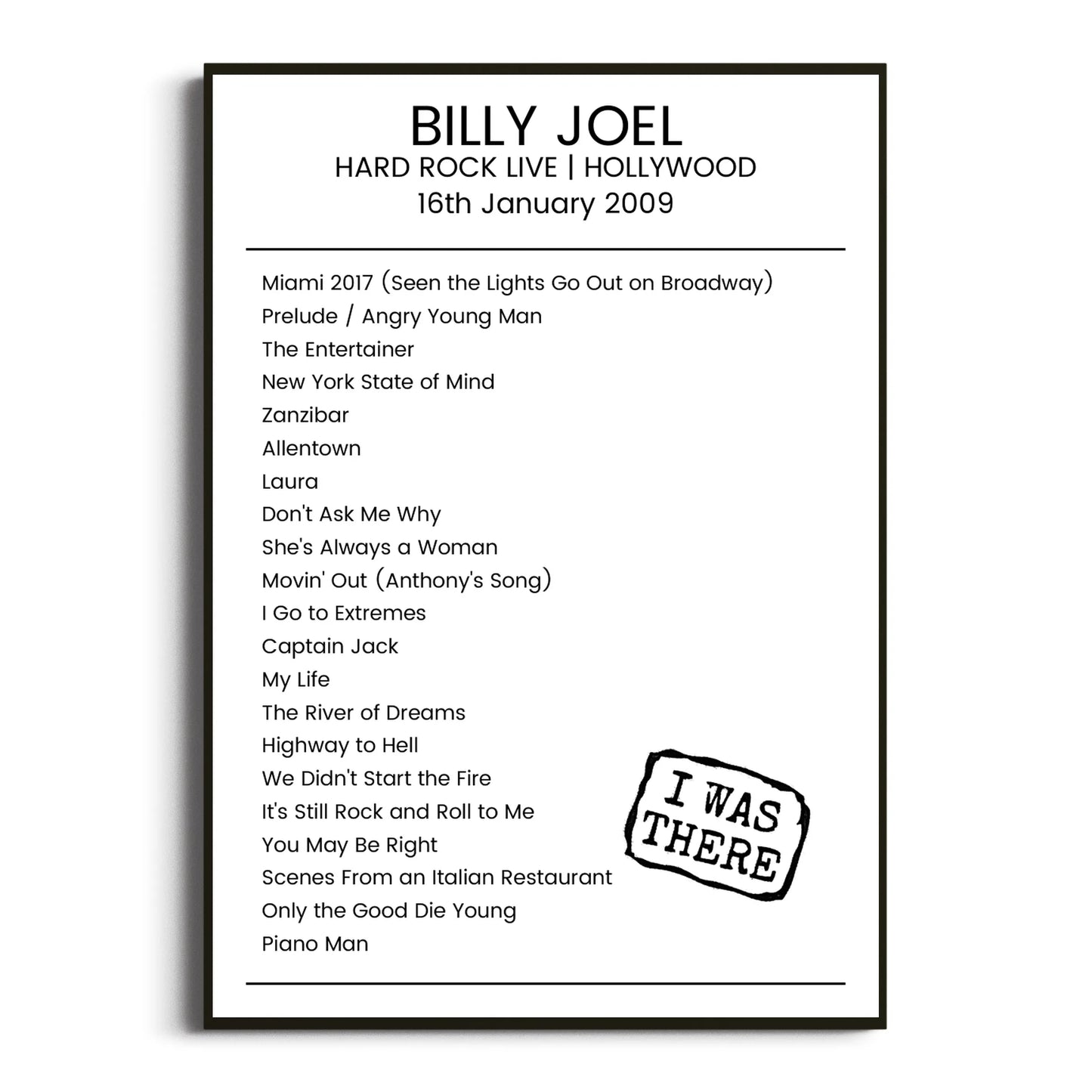 Billy Joel Hollywood 16 January 2009 Setlist Poster