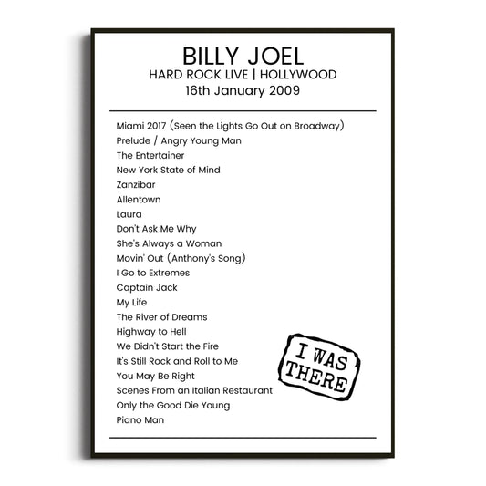 Billy Joel Hollywood 16 January 2009 Setlist Poster