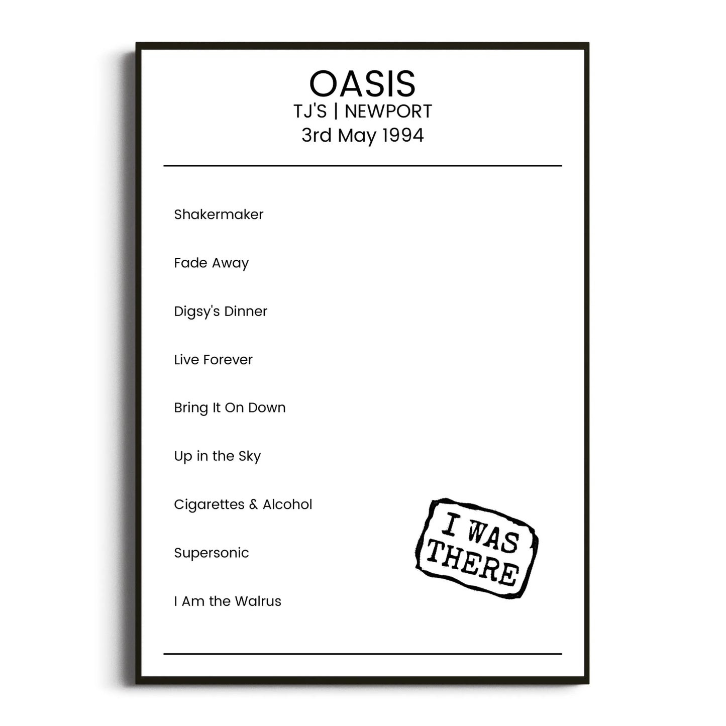 Oasis Newport 03 May 1994 Setlist Poster