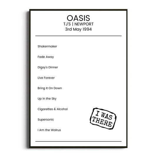 Oasis Newport 03 May 1994 Setlist Poster