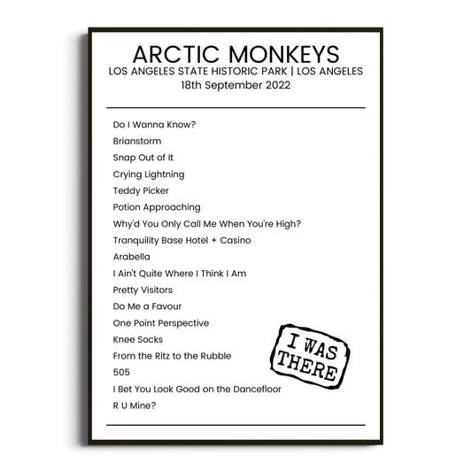 Arctic Monkeys Los Angeles 18 September 2022 Setlist Poster