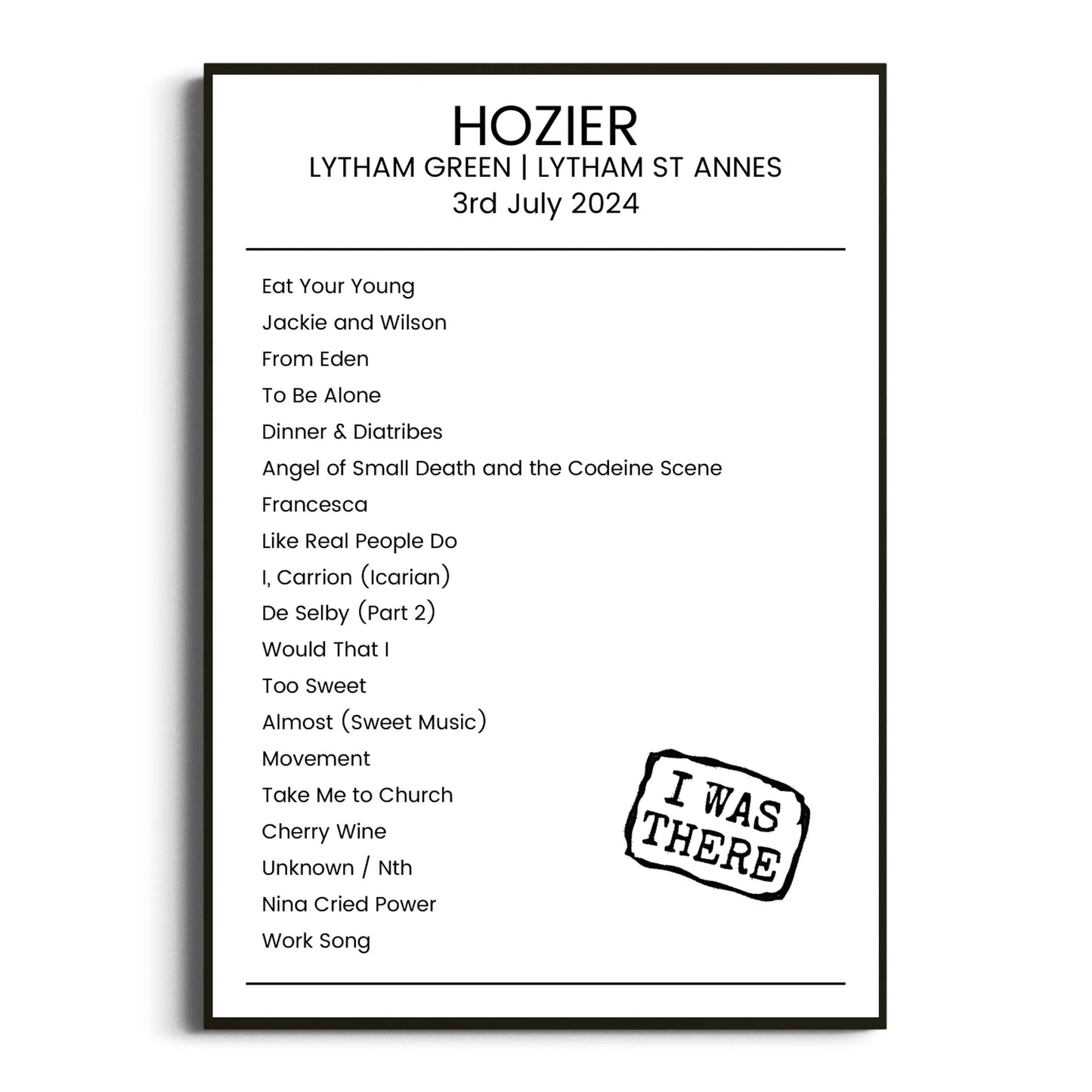 Hozier Lytham St Annes 03 July 2024 Setlist Poster