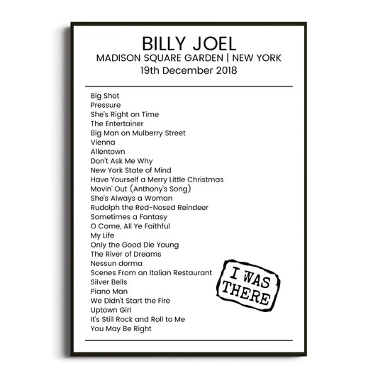 Billy Joel New York 19 December 2018 Setlist Poster