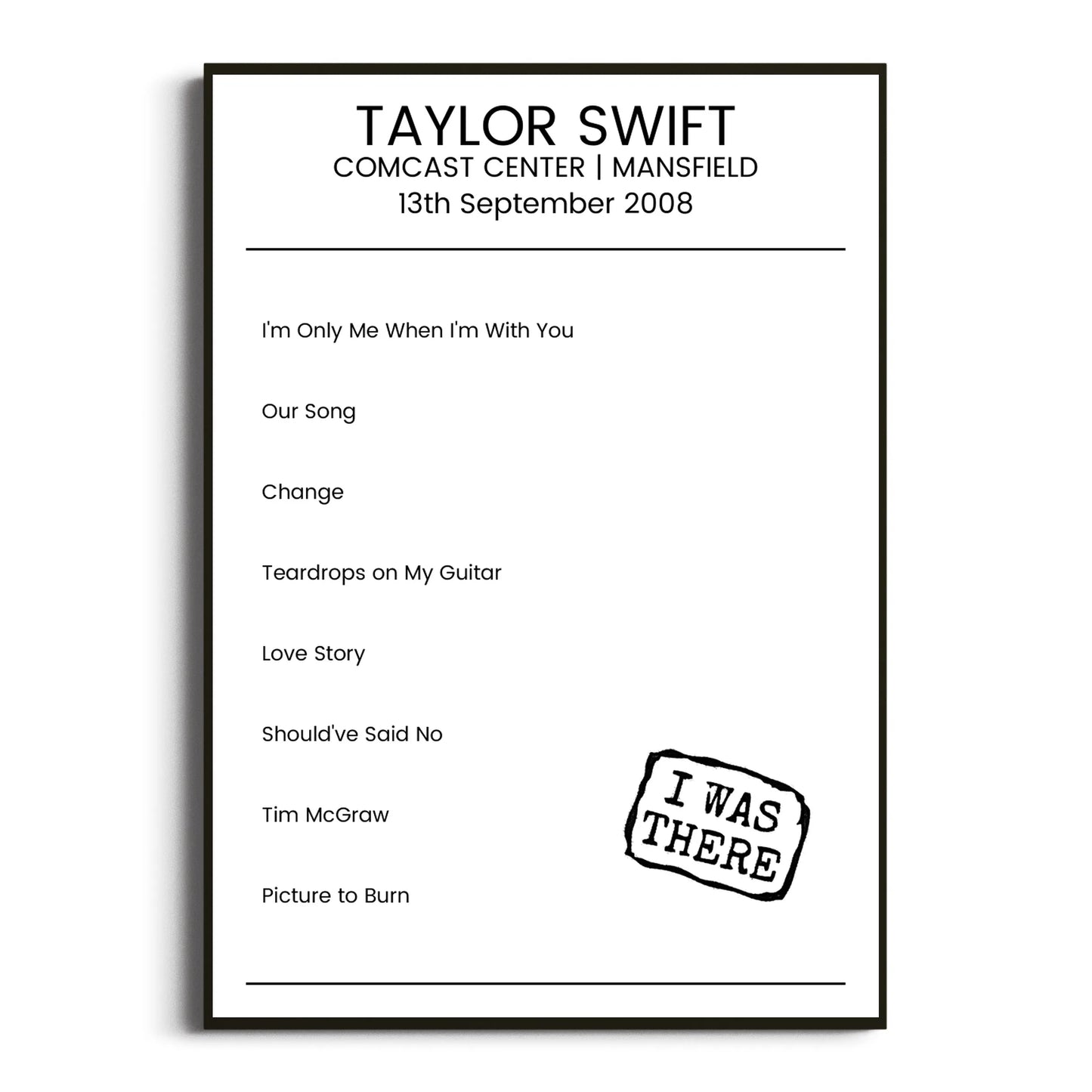 Taylor Swift Mansfield 13 September 2008 Setlist Poster