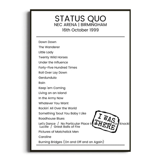 Status Quo Birmingham 16 October 1999 Setlist Poster