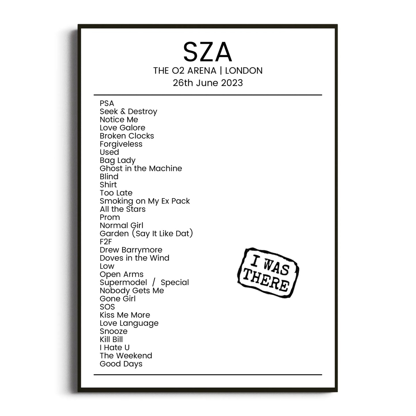 SZA London 26 June 2023 Setlist Poster