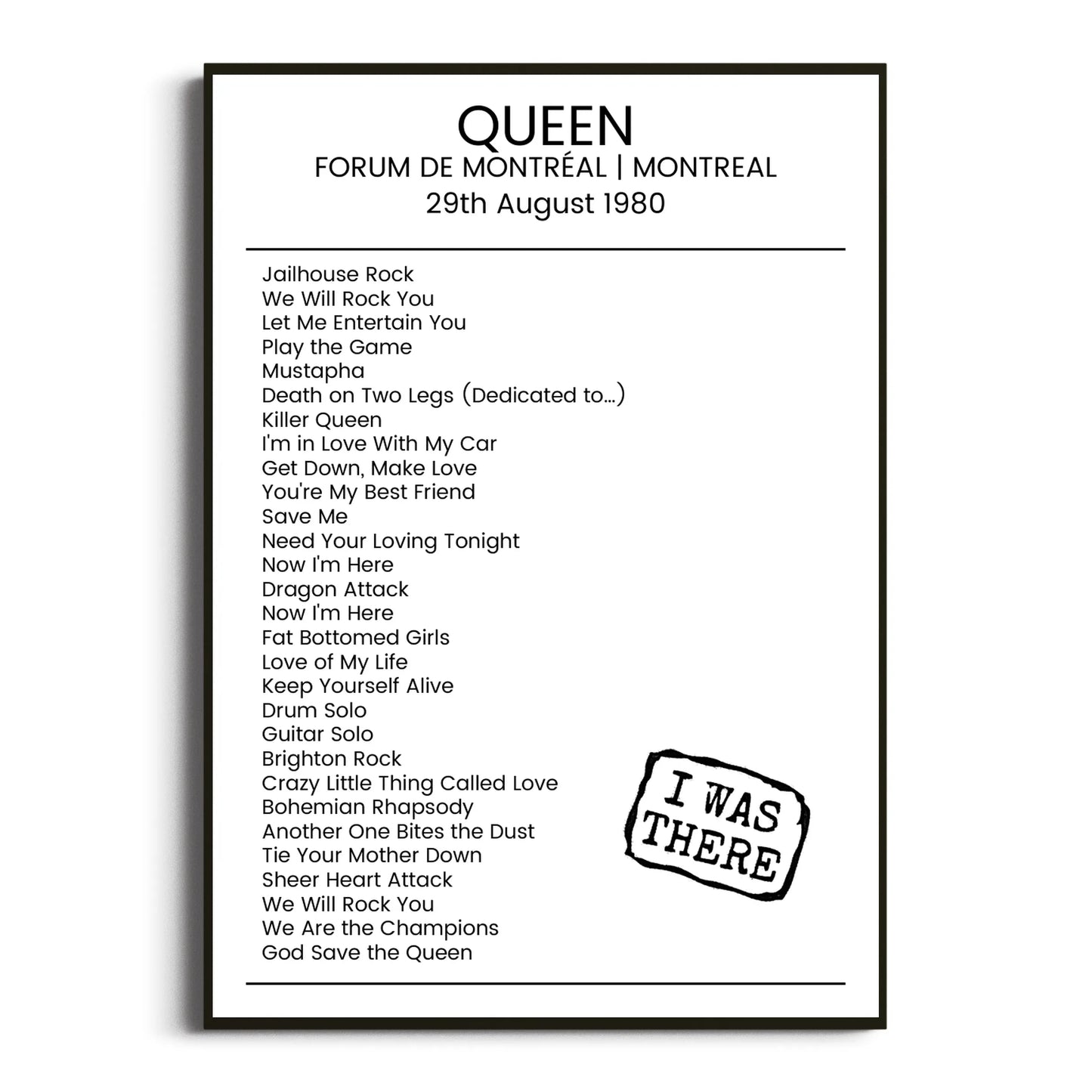 Queen Montreal 29 August 1980 Setlist Poster