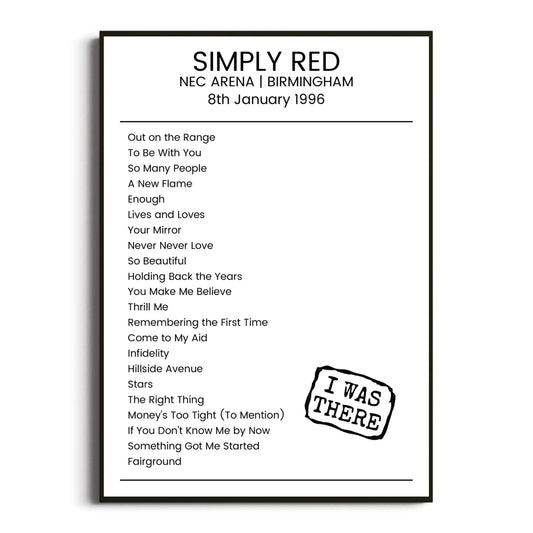 Simply Red Birmingham 08 January 1996 Setlist Poster