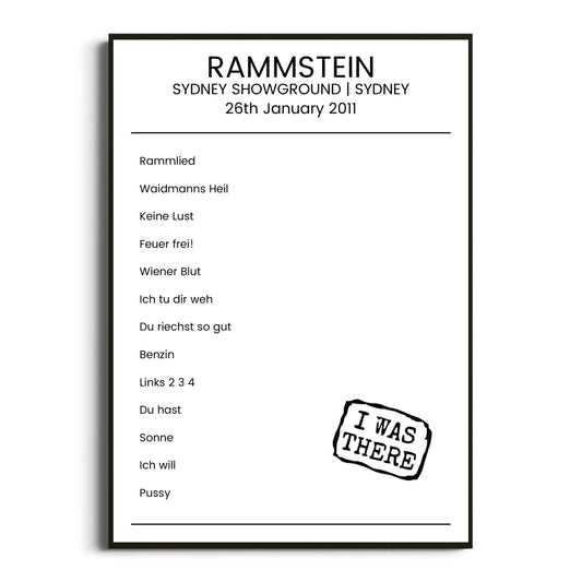 Rammstein Sydney 26 January 2011 Setlist Poster