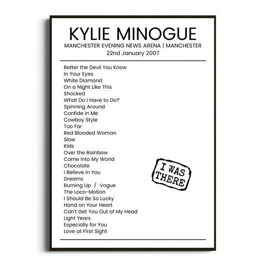 Kylie Minogue Manchester 22 January 2007 Setlist Poster