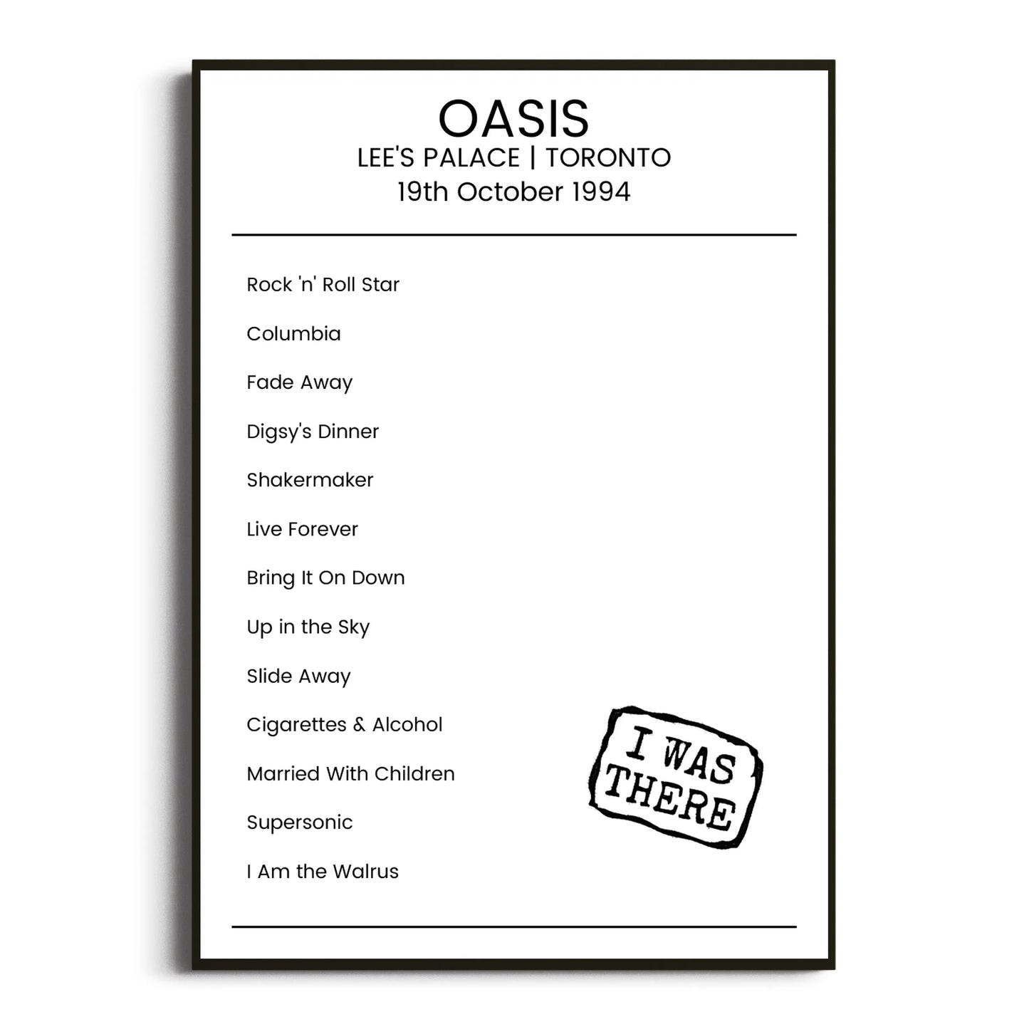 Oasis Toronto 19 October 1994 Setlist Poster