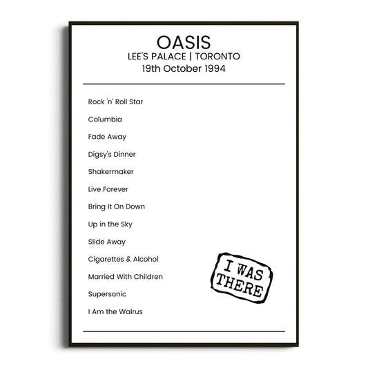 Oasis Toronto 19 October 1994 Setlist Poster