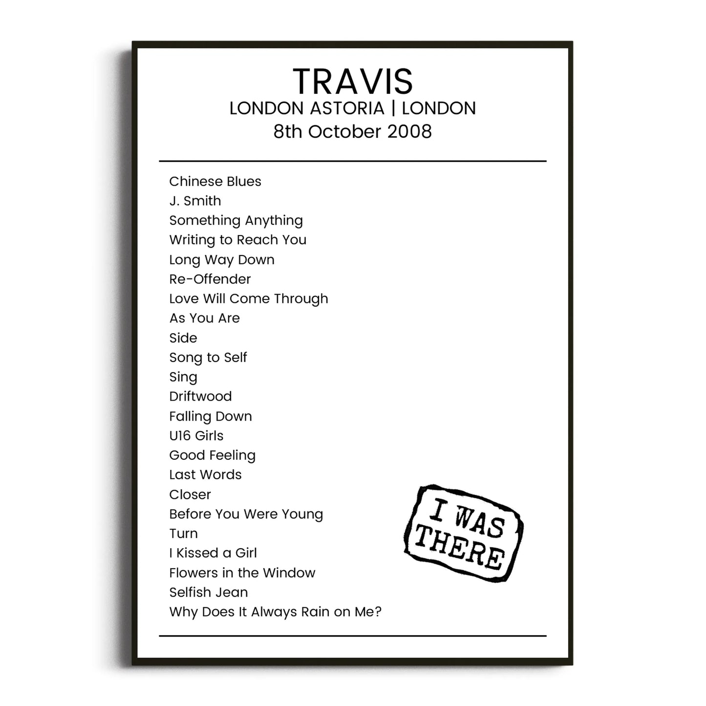 Travis London 08 October 2008 Setlist Poster