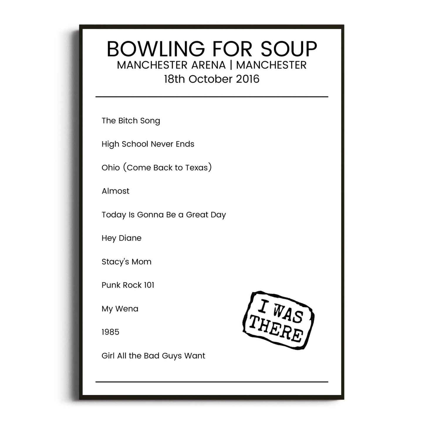 Bowling for Soup Manchester 18 October 2016 Setlist Poster