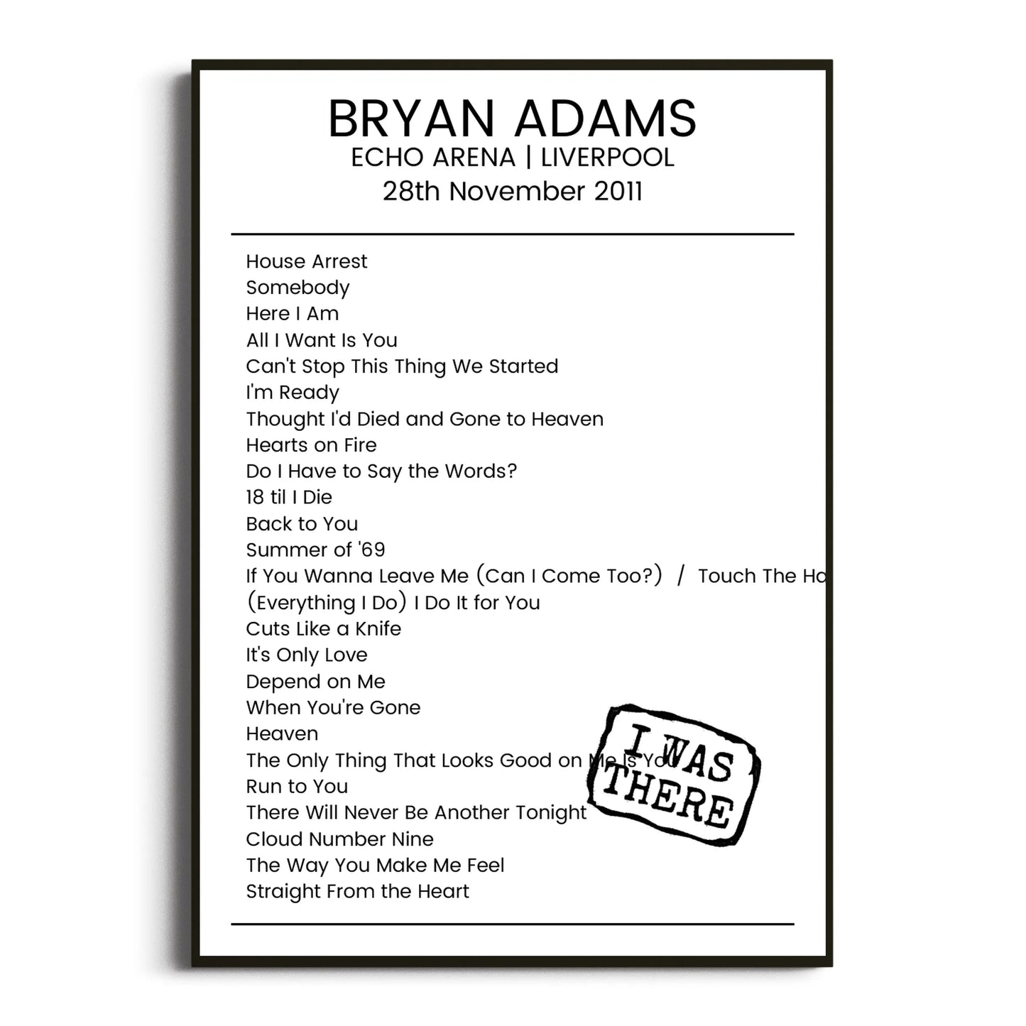 Bryan Adams Liverpool 28 November 2011 Setlist Poster