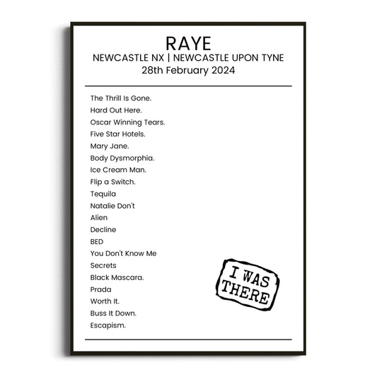 RAYE Newcastle upon Tyne 28 February 2024 Setlist Poster