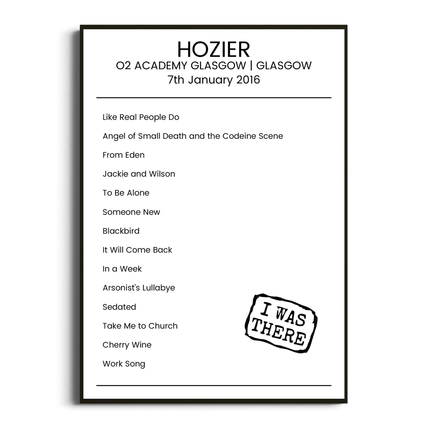 Hozier Glasgow 07 January 2016 Setlist Poster