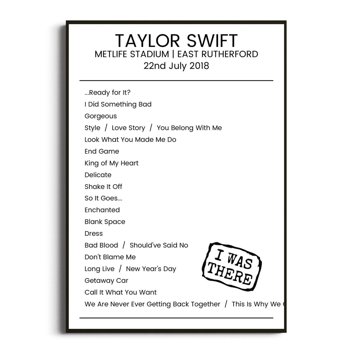 Taylor Swift East Rutherford 22 July 2018 Setlist Poster