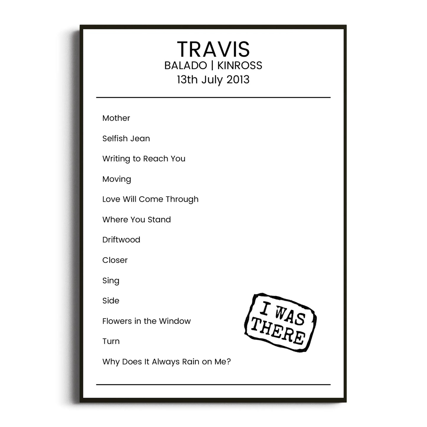 Travis Kinross 13 July 2013 Setlist Poster