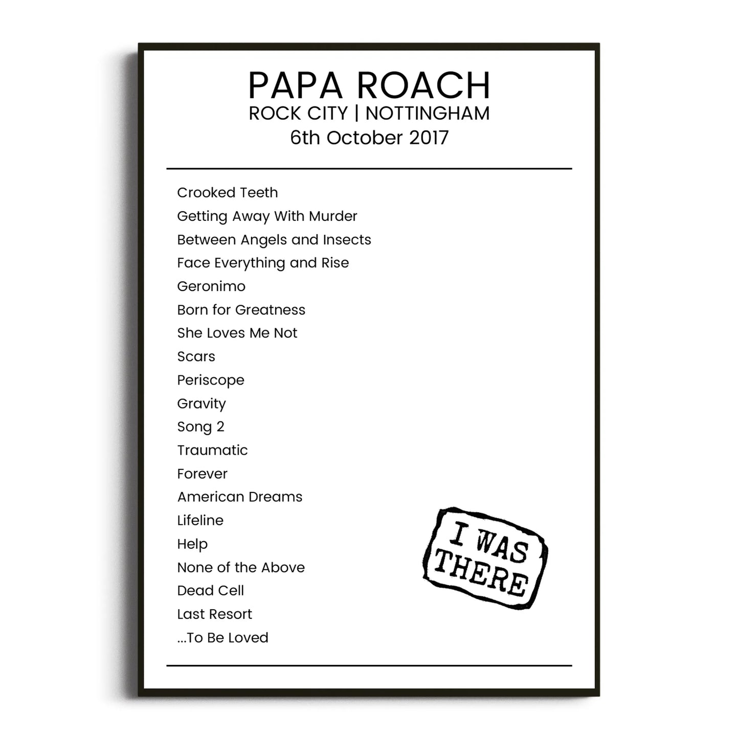 Papa Roach Nottingham 06 October 2017 Setlist Poster