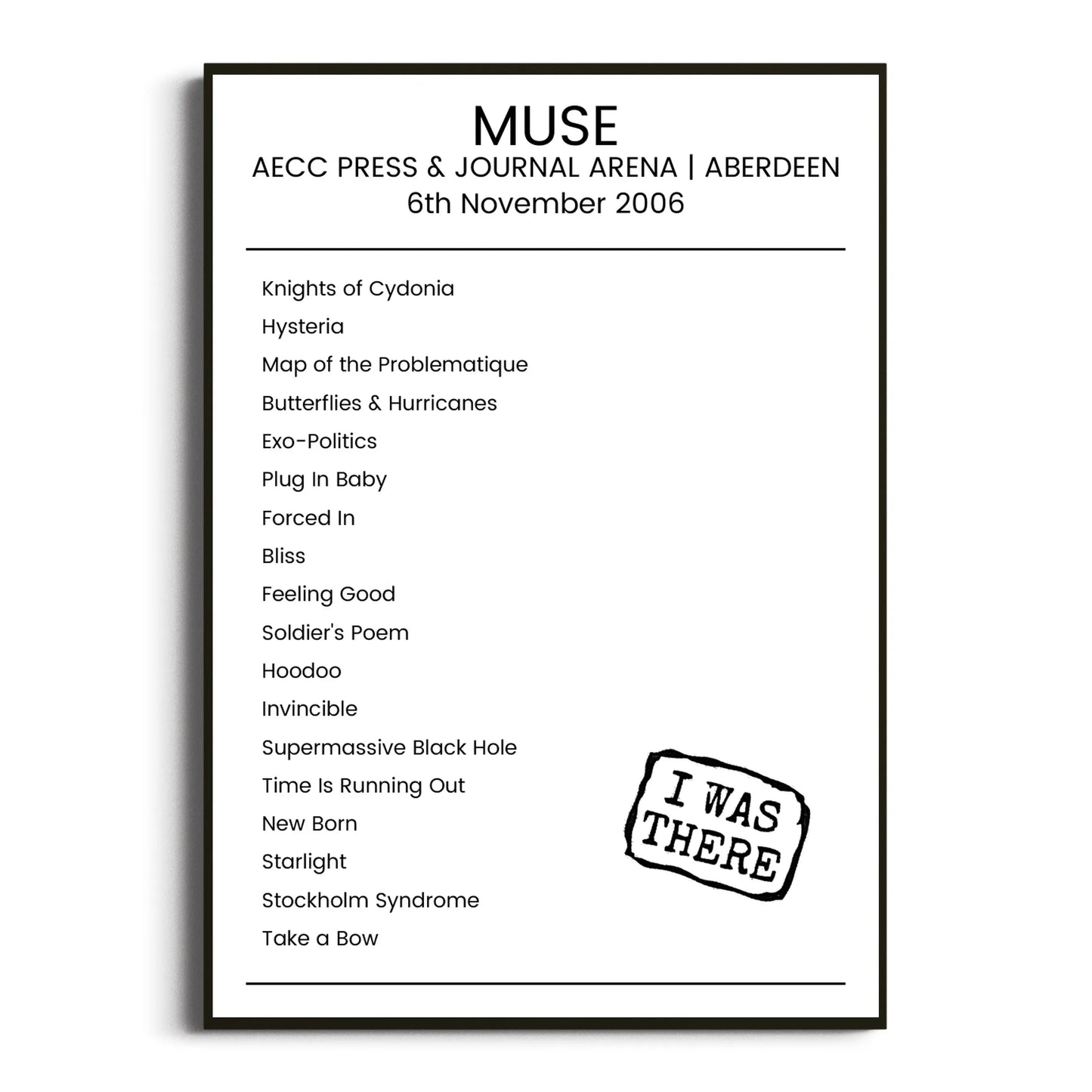 Muse Aberdeen 06 November 2006 Setlist Poster