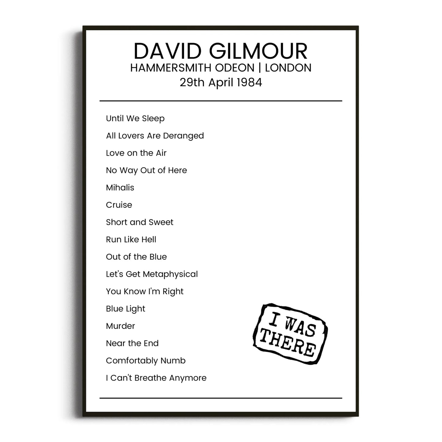 David Gilmour London 29 April 1984 Setlist Poster