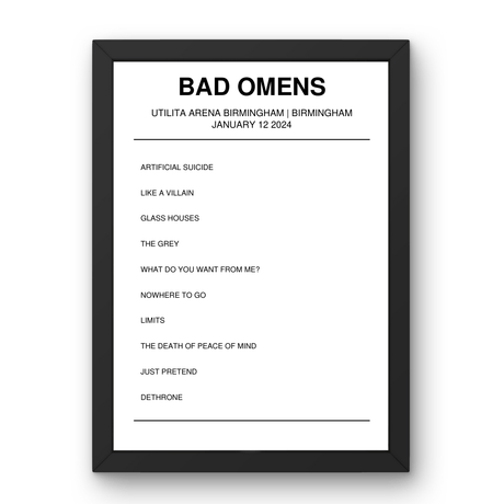 Bad Omens January 12, 2024 Utilita Arena Birmingham Birmingham Setlist Poster - Setlist