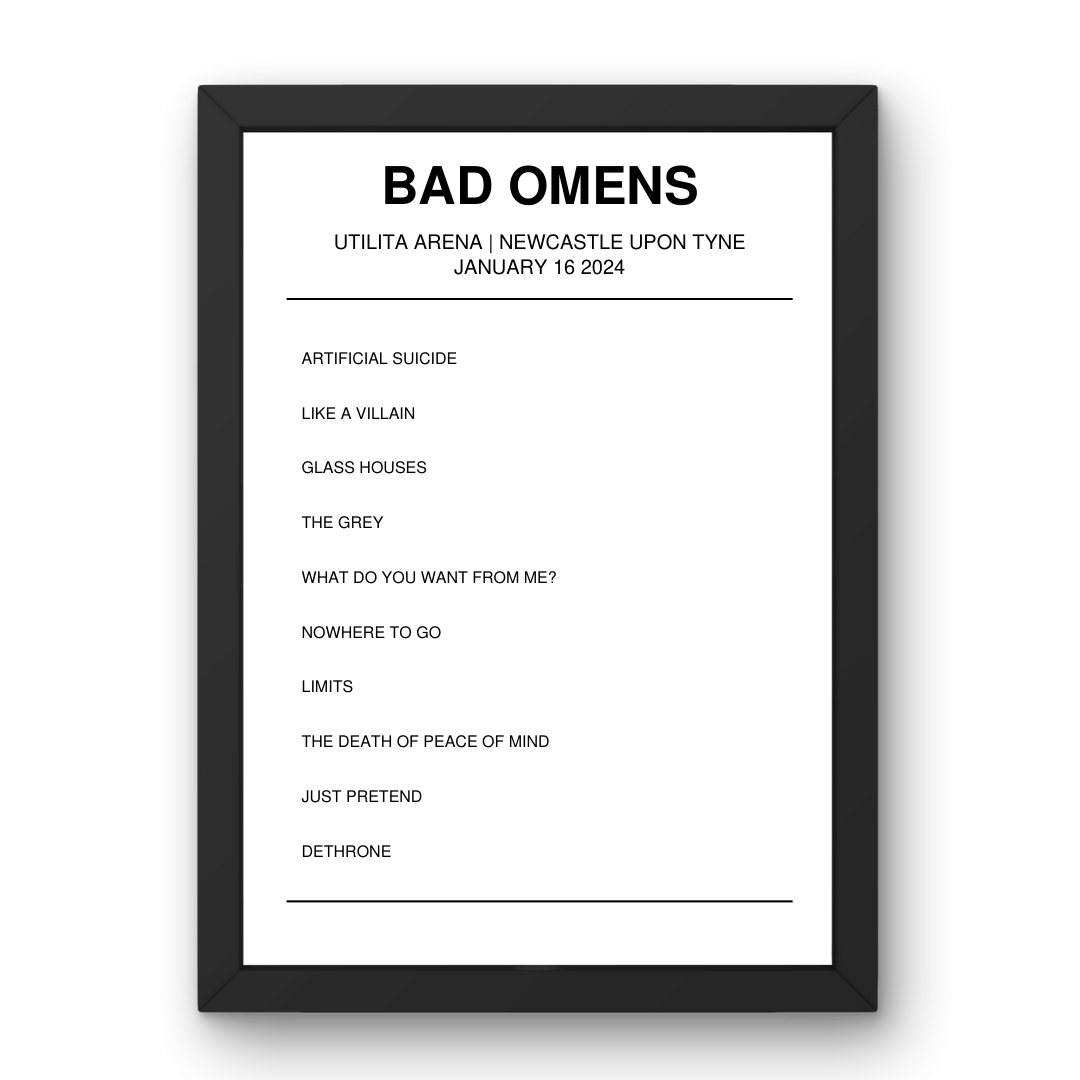 Bad Omens January 16, 2024 Utilita Arena Newcastle upon Tyne Setlist Poster - Setlist